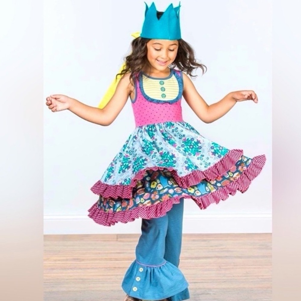 Matilda Jane Girls Size 4 Mixed Pattern Tiered Ruffle‎ Dress Pink Blue Floral